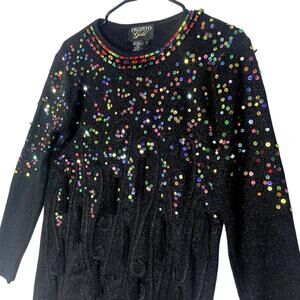 Vintage 80s Pronto Gold Black Sequin Beaded Sweater S Rainbow Tassel Disco Glam